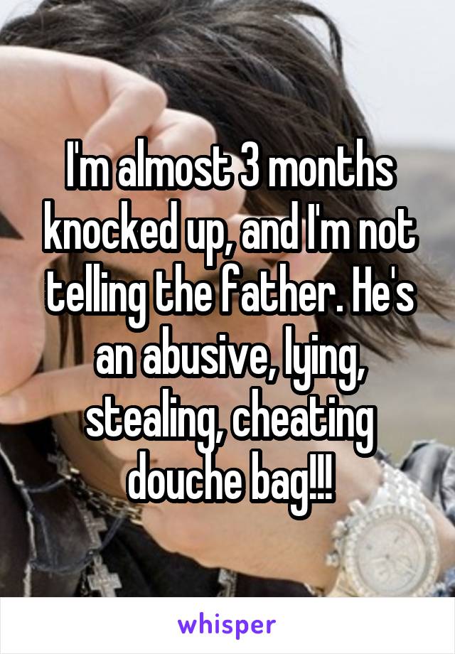 I'm almost 3 months knocked up, and I'm not telling the father. He's an abusive, lying, stealing, cheating douche bag!!!