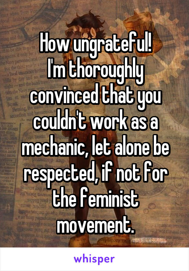 How ungrateful!
I'm thoroughly convinced that you couldn't work as a mechanic, let alone be respected, if not for the feminist movement.