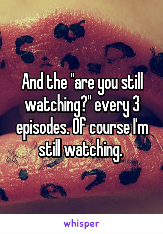 And the "are you still watching?" every 3 episodes. Of course I'm still watching. 