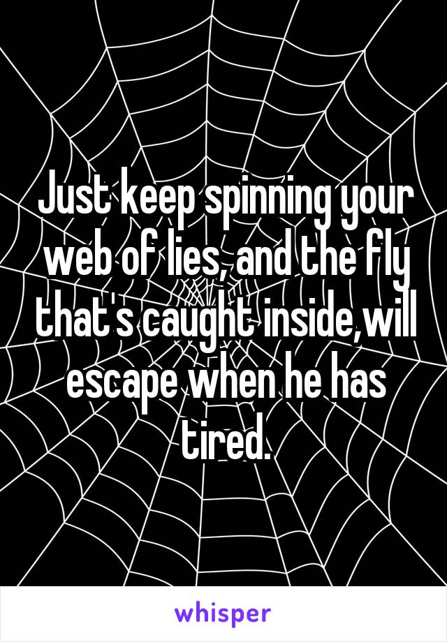 Just keep spinning your web of lies, and the fly that's caught inside,will escape when he has tired.