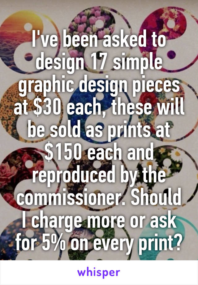 I've been asked to design 17 simple graphic design pieces at $30 each, these will be sold as prints at $150 each and reproduced by the commissioner. Should I charge more or ask for 5% on every print?