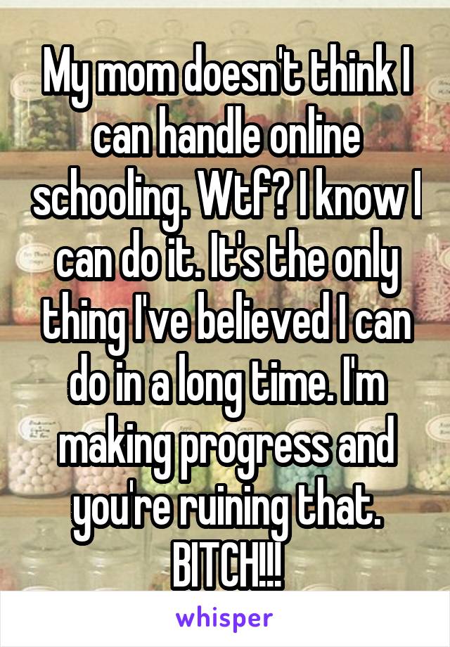 My mom doesn't think I can handle online schooling. Wtf? I know I can do it. It's the only thing I've believed I can do in a long time. I'm making progress and you're ruining that. BITCH!!!