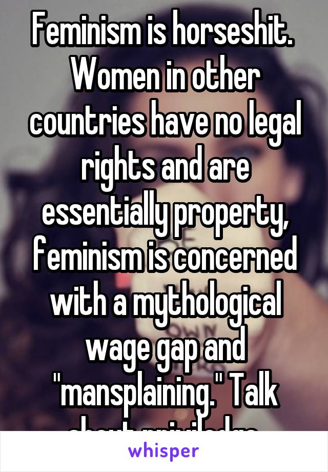 Feminism is horseshit.  Women in other countries have no legal rights and are essentially property, feminism is concerned with a mythological wage gap and "mansplaining." Talk about priviledge.