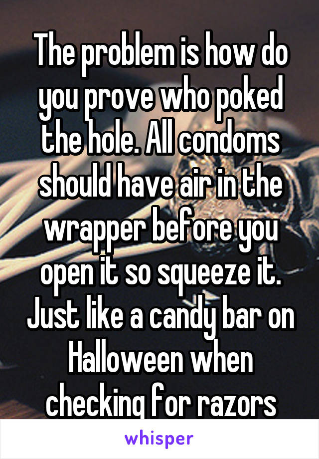 The problem is how do you prove who poked the hole. All condoms should have air in the wrapper before you open it so squeeze it. Just like a candy bar on Halloween when checking for razors