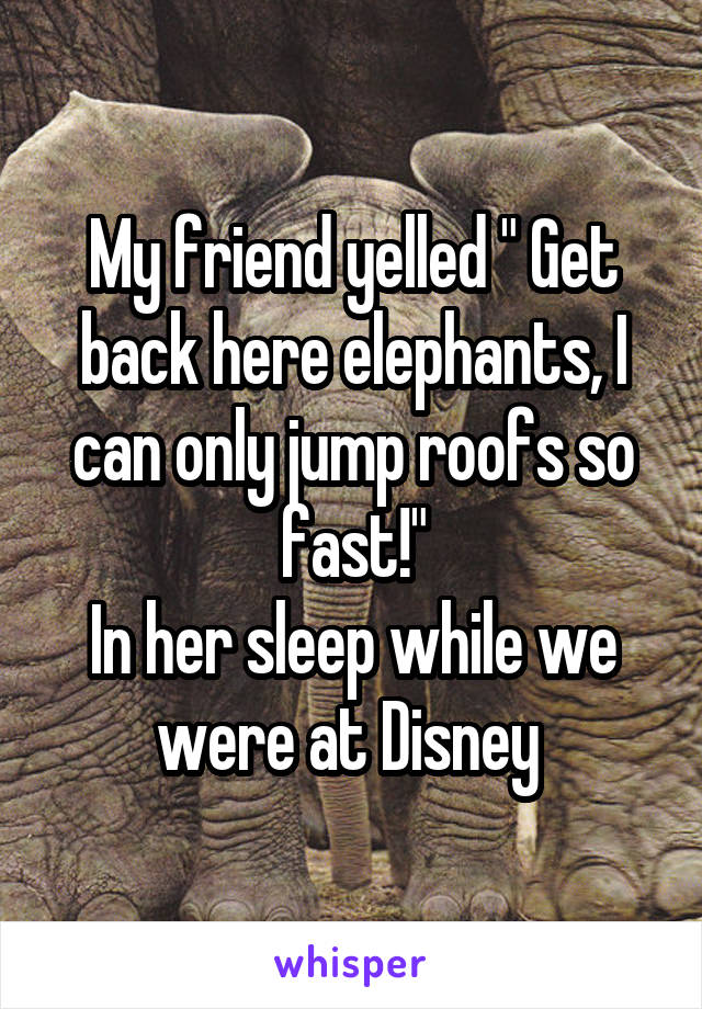 My friend yelled " Get back here elephants, I can only jump roofs so fast!"
In her sleep while we were at Disney 