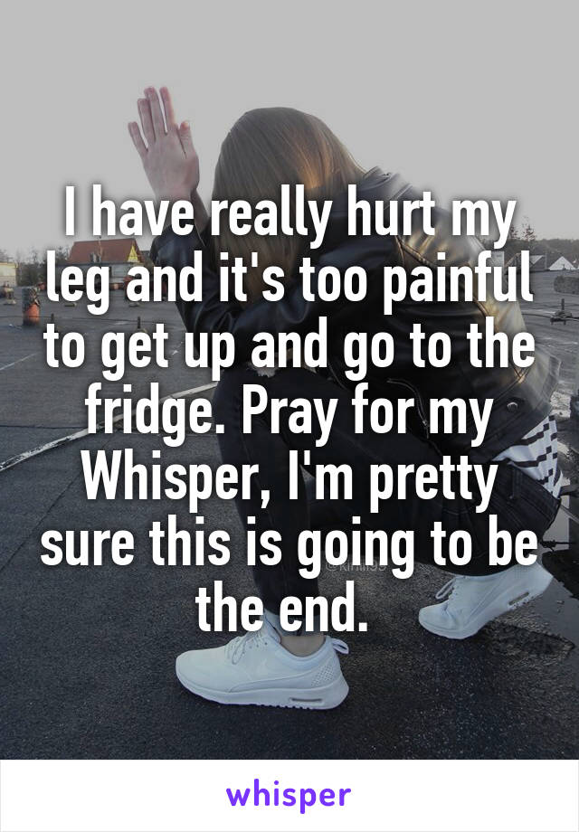 I have really hurt my leg and it's too painful to get up and go to the fridge. Pray for my Whisper, I'm pretty sure this is going to be the end. 