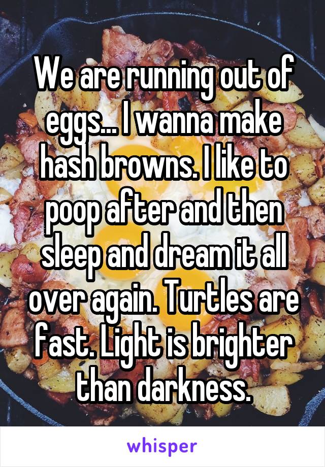We are running out of eggs... I wanna make hash browns. I like to poop after and then sleep and dream it all over again. Turtles are fast. Light is brighter than darkness.