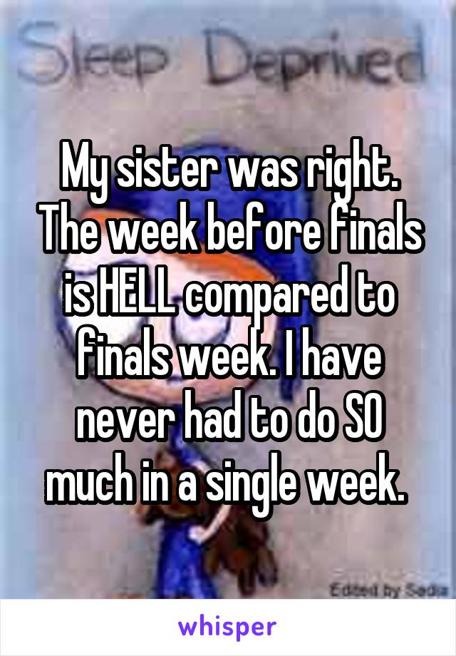 My sister was right. The week before finals is HELL compared to finals week. I have never had to do SO much in a single week. 