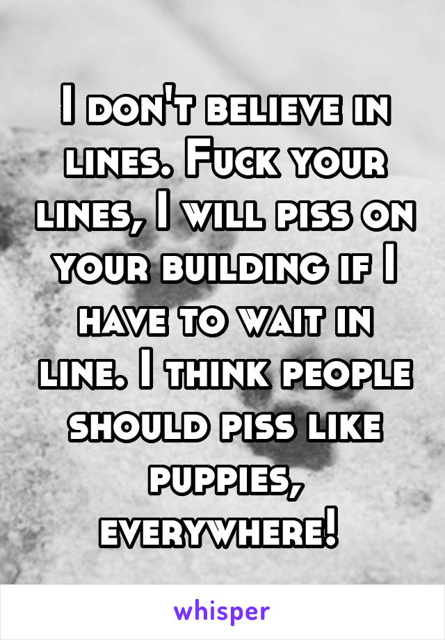 I don't believe in lines. Fuck your lines, I will piss on your building if I have to wait in line. I think people should piss like puppies, everywhere! 