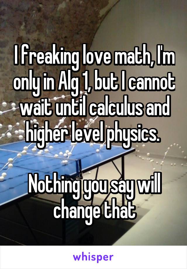 I freaking love math, I'm only in Alg 1, but I cannot wait until calculus and higher level physics. 

Nothing you say will change that