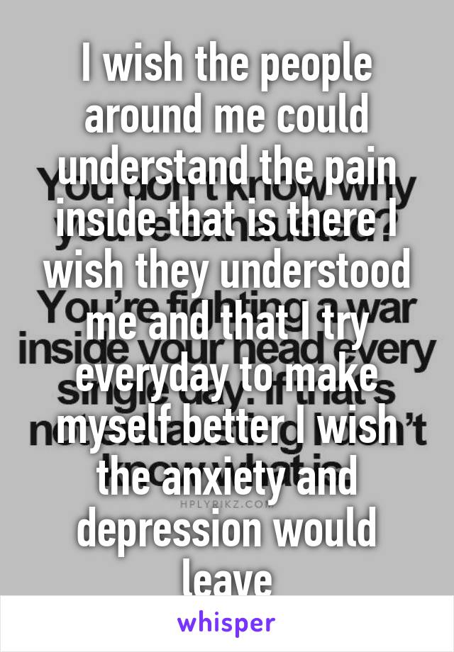 I wish the people around me could understand the pain inside that is there I wish they understood me and that I try everyday to make myself better I wish the anxiety and depression would leave