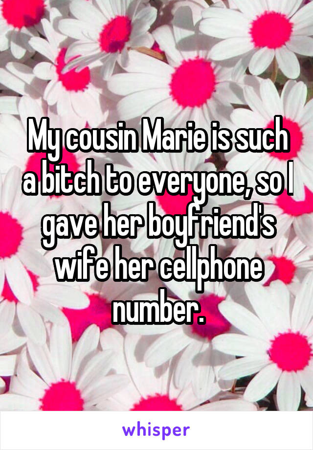 My cousin Marie is such a bitch to everyone, so I gave her boyfriend's wife her cellphone number.