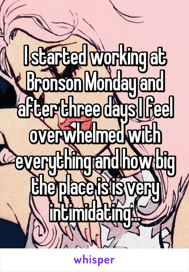 I started working at Bronson Monday and after three days I feel overwhelmed with everything and how big the place is is very intimidating...