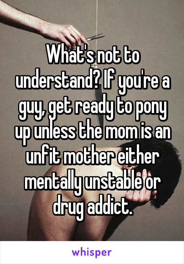 What's not to understand? If you're a guy, get ready to pony up unless the mom is an unfit mother either mentally unstable or drug addict.