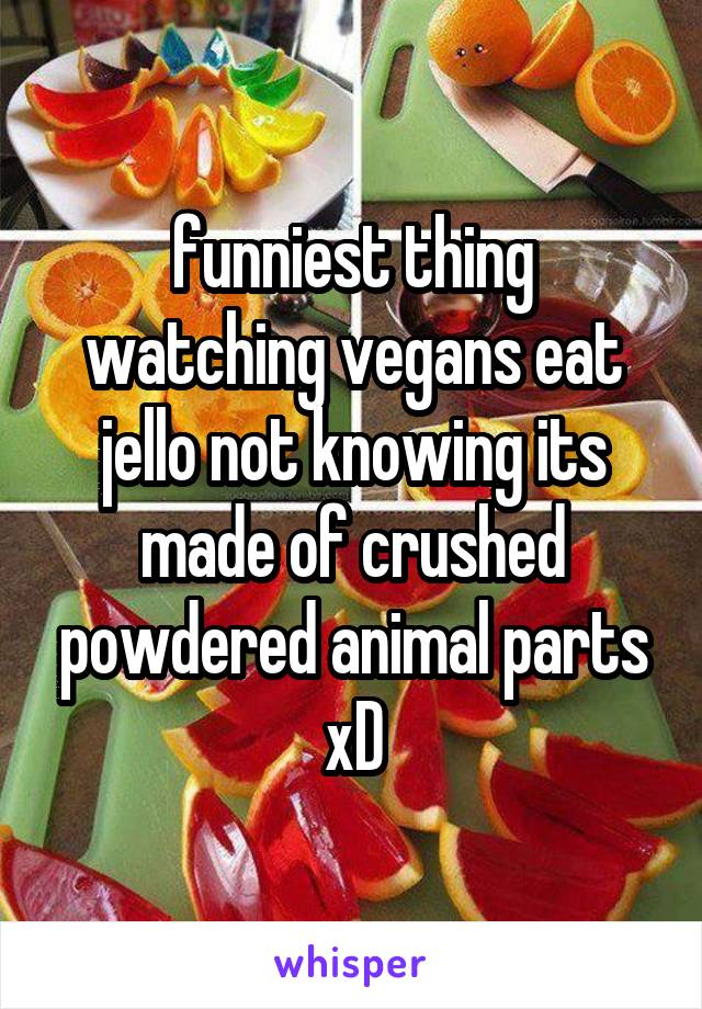 funniest thing watching vegans eat jello not knowing its made of crushed powdered animal parts xD