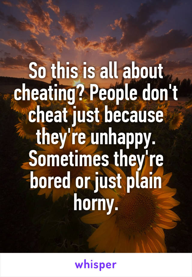 So this is all about cheating? People don't cheat just because they're unhappy. Sometimes they're bored or just plain horny.