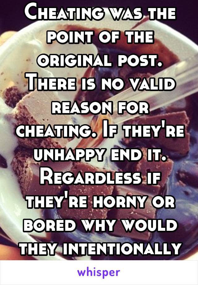 Cheating was the point of the original post. There is no valid reason for cheating. If they're unhappy end it. Regardless if they're horny or bored why would they intentionally hurt someone..