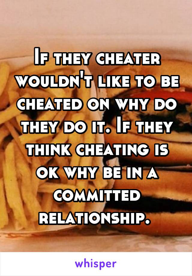 If they cheater wouldn't like to be cheated on why do they do it. If they think cheating is ok why be in a committed relationship. 
