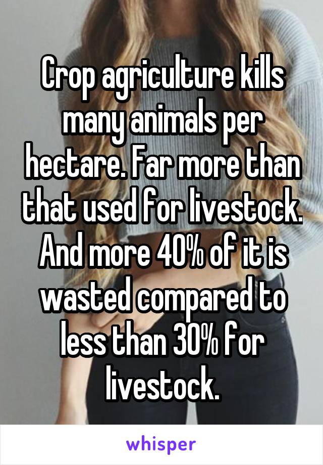 Crop agriculture kills many animals per hectare. Far more than that used for livestock. And more 40% of it is wasted compared to less than 30% for livestock.