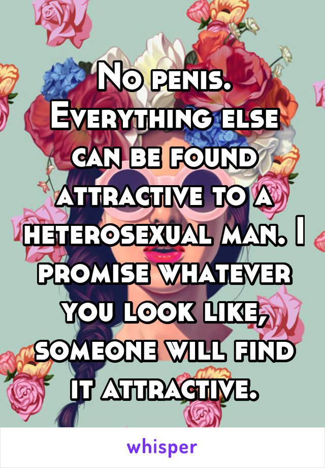 No penis. Everything else can be found attractive to a heterosexual man. I promise whatever you look like, someone will find it attractive.