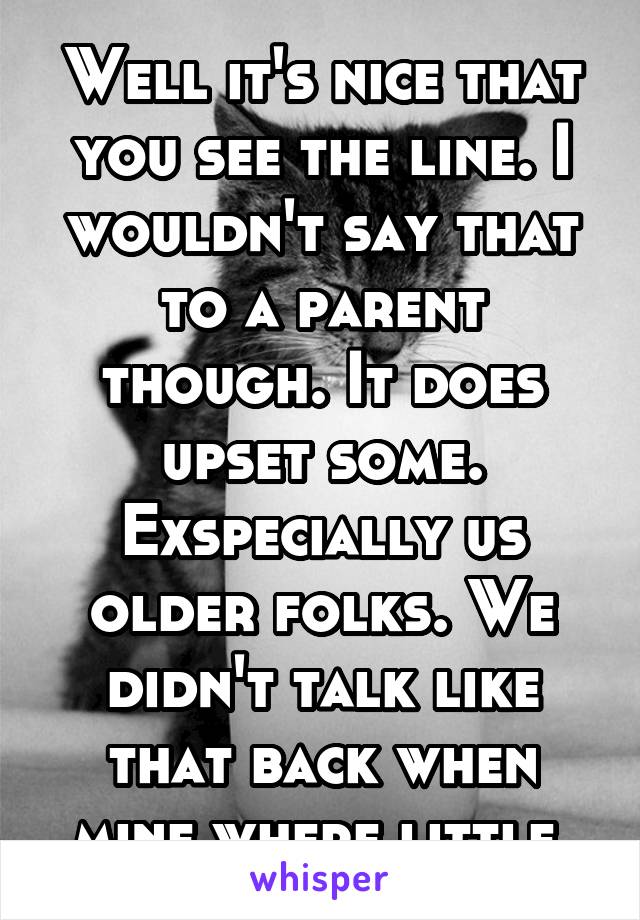 Well it's nice that you see the line. I wouldn't say that to a parent though. It does upset some. Exspecially us older folks. We didn't talk like that back when mine where little.