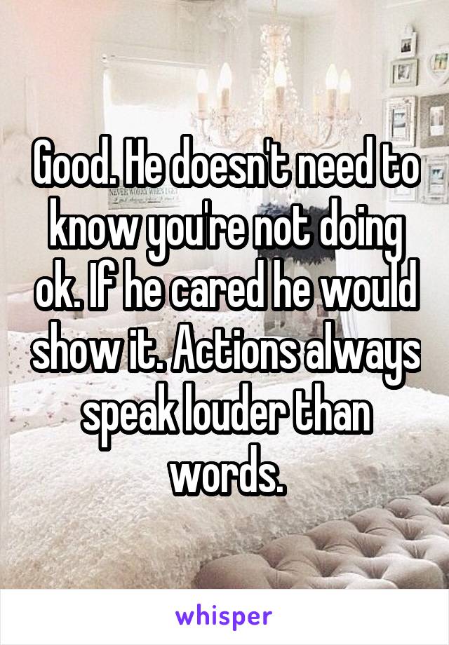 Good. He doesn't need to know you're not doing ok. If he cared he would show it. Actions always speak louder than words.