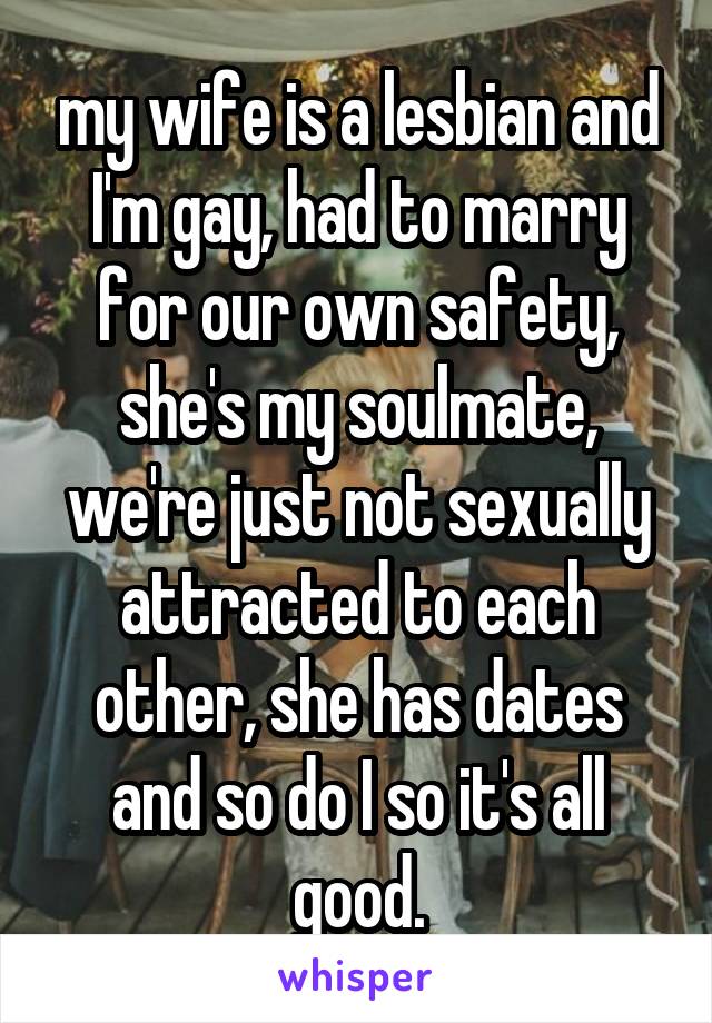 my wife is a lesbian and I'm gay, had to marry for our own safety, she's my soulmate, we're just not sexually attracted to each other, she has dates and so do I so it's all good.
