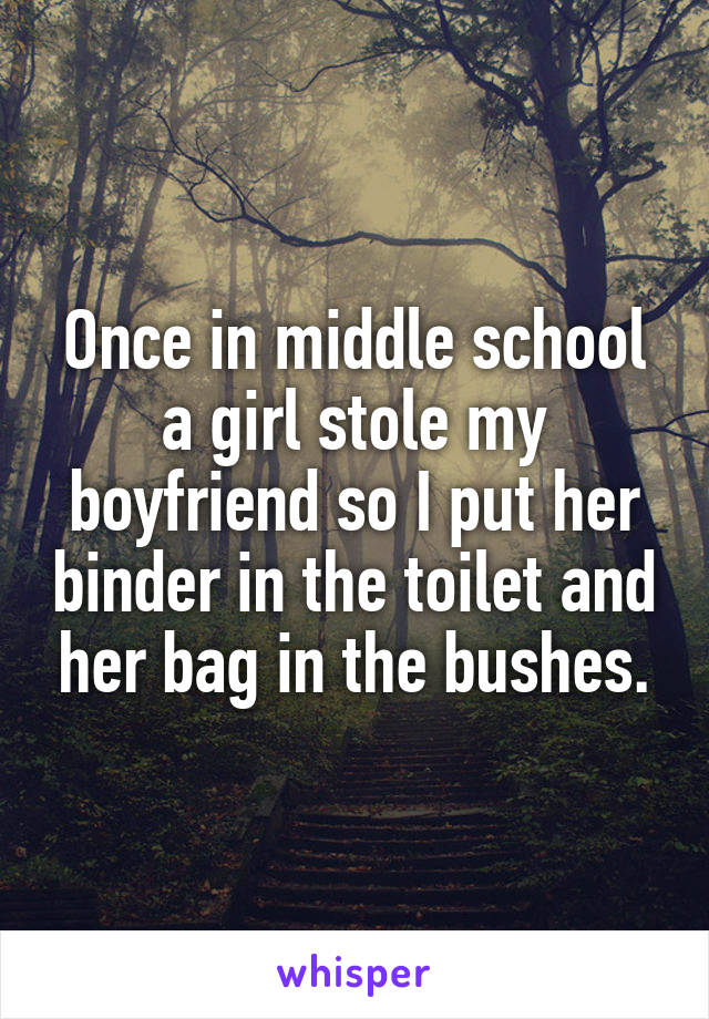 Once in middle school a girl stole my boyfriend so I put her binder in the toilet and her bag in the bushes.