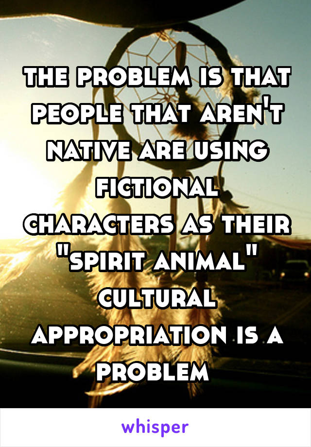 the problem is that people that aren't native are using fictional characters as their "spirit animal" cultural appropriation is a problem 