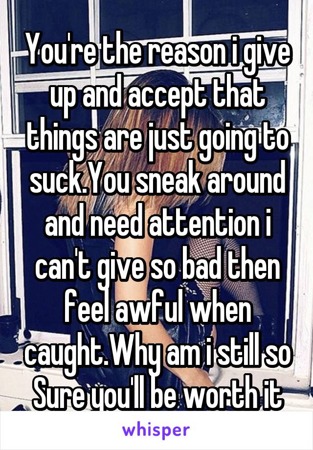 You're the reason i give up and accept that things are just going to suck.You sneak around and need attention i can't give so bad then feel awful when caught.Why am i still so Sure you'll be worth it