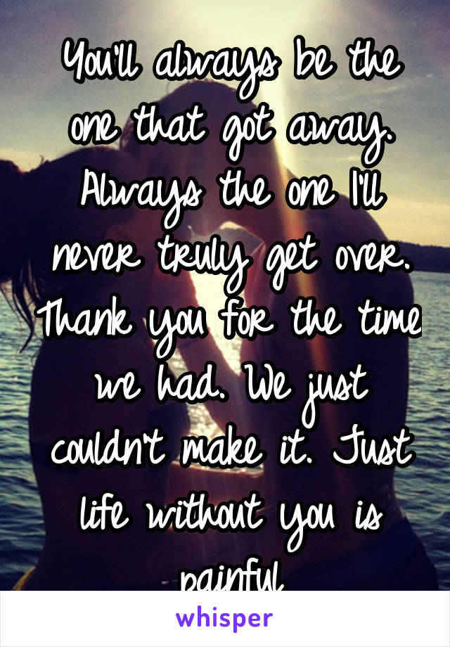 You'll always be the one that got away. Always the one I'll never truly get over. Thank you for the time we had. We just couldn't make it. Just life without you is painful