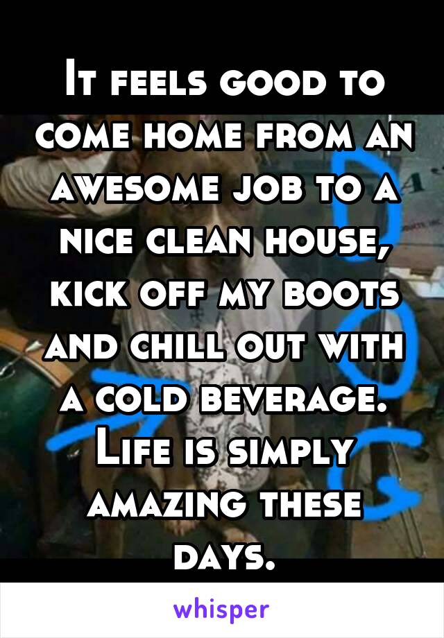 It feels good to come home from an awesome job to a nice clean house, kick off my boots and chill out with a cold beverage. Life is simply amazing these days.