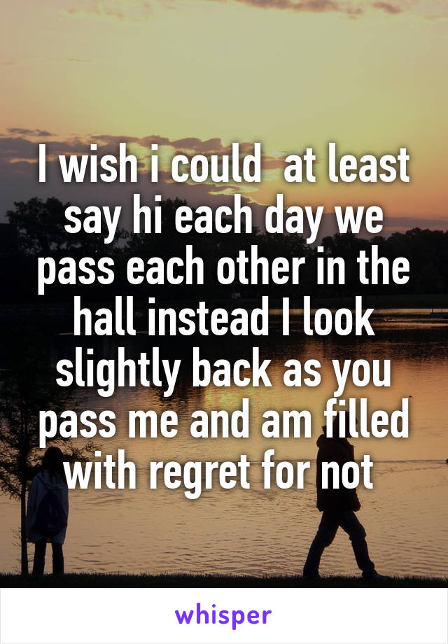 I wish i could  at least say hi each day we pass each other in the hall instead I look slightly back as you pass me and am filled with regret for not 