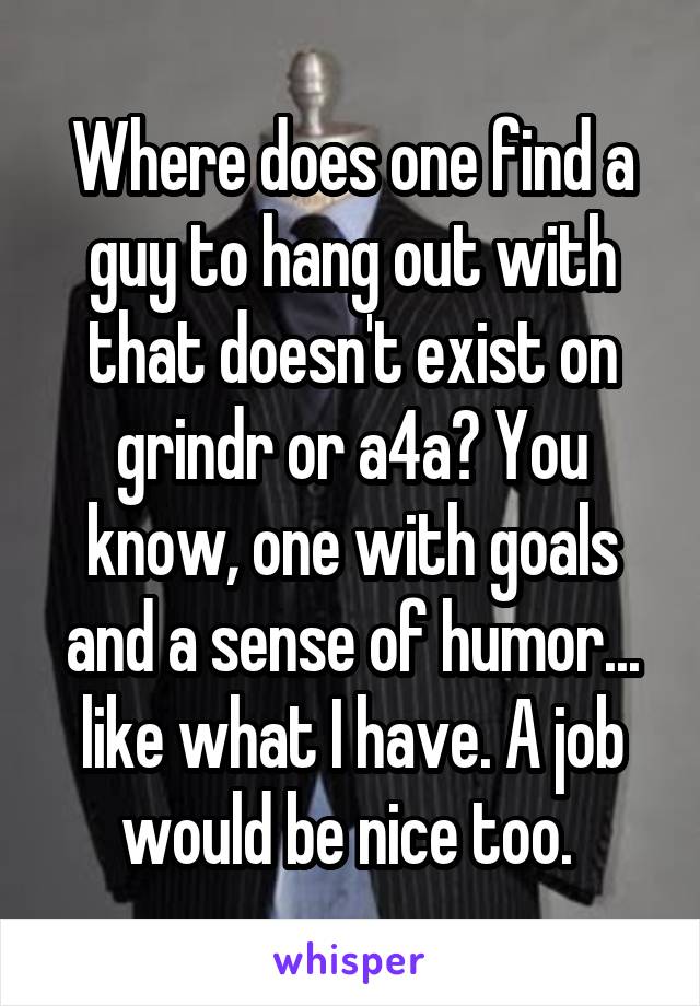 Where does one find a guy to hang out with that doesn't exist on grindr or a4a? You know, one with goals and a sense of humor... like what I have. A job would be nice too. 