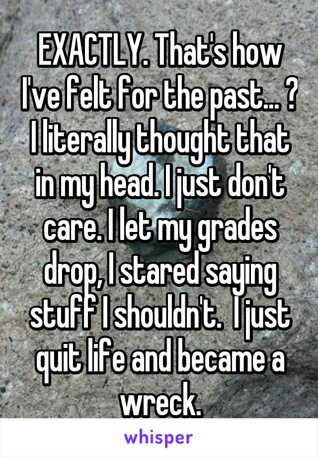 EXACTLY. That's how I've felt for the past... ?
I literally thought that in my head. I just don't care. I let my grades drop, I stared saying stuff I shouldn't.  I just quit life and became a wreck.