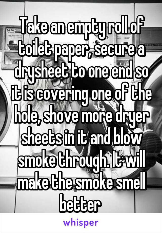 Take an empty roll of toilet paper, secure a drysheet to one end so it is covering one of the hole, shove more dryer sheets in it and blow smoke through. It will make the smoke smell better 