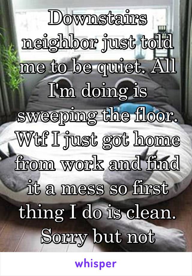 Downstairs neighbor just told me to be quiet. All I'm doing is sweeping the floor. Wtf I just got home from work and find it a mess so first thing I do is clean. Sorry but not sorry. 