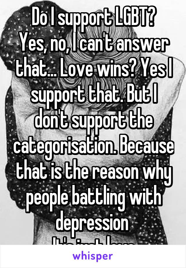 Do I support LGBT?
Yes, no, I can't answer that... Love wins? Yes I support that. But I don't support the categorisation. Because that is the reason why people battling with depression 
It's just love