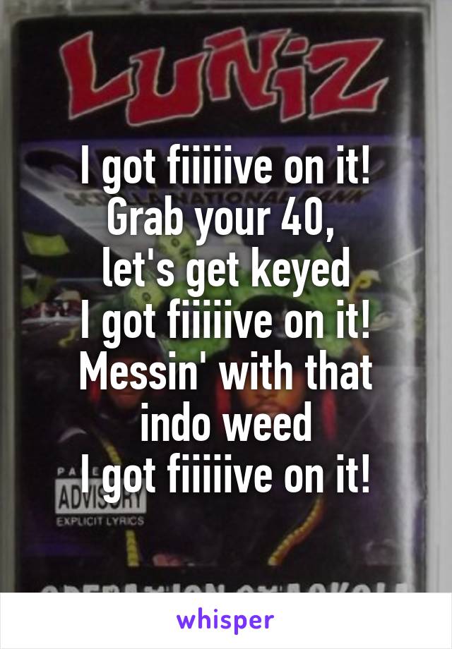 I got fiiiiive on it!
Grab your 40, 
let's get keyed
I got fiiiiive on it!
Messin' with that indo weed
I got fiiiiive on it!