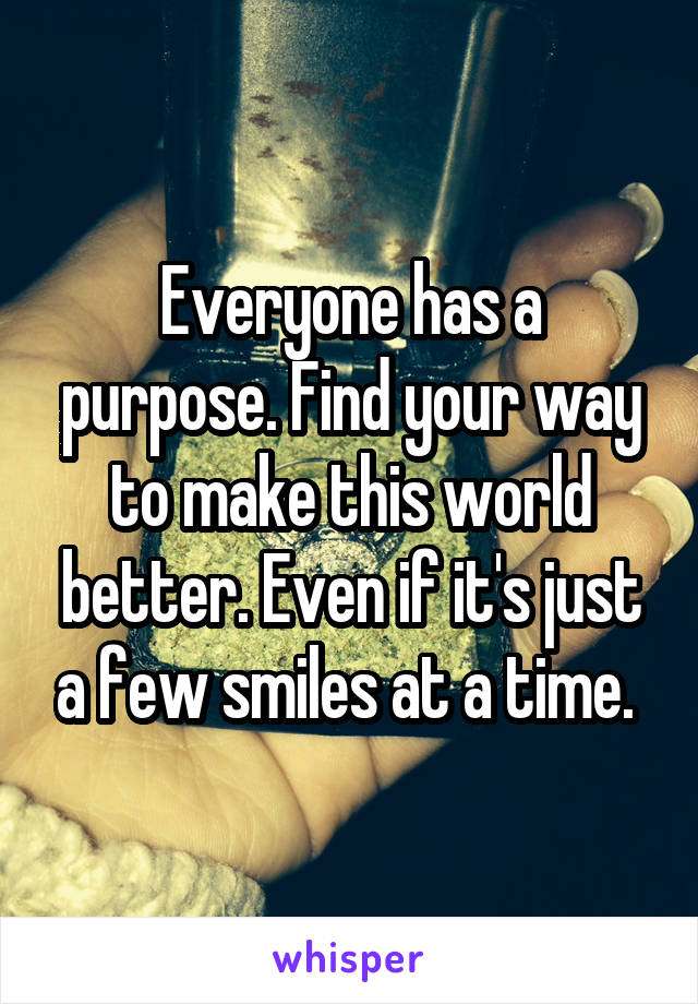 Everyone has a purpose. Find your way to make this world better. Even if it's just a few smiles at a time. 