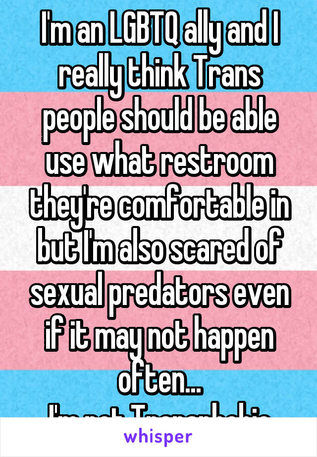 I'm an LGBTQ ally and I really think Trans people should be able use what restroom they're comfortable in but I'm also scared of sexual predators even if it may not happen often...
I'm not Transphobic