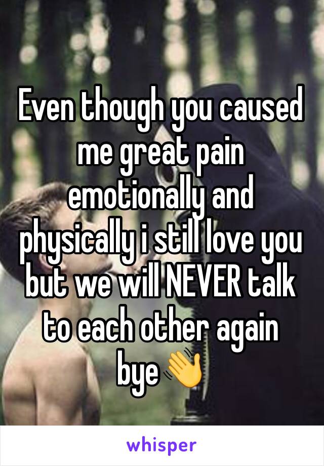 Even though you caused me great pain emotionally and physically i still love you but we will NEVER talk to each other again bye👋