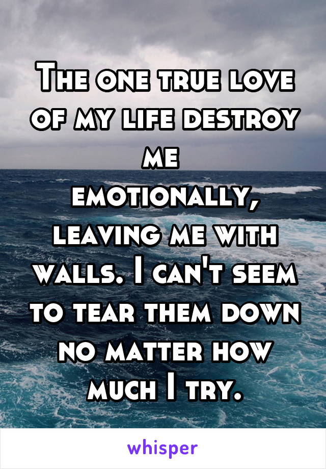 The one true love of my life destroy me 
emotionally, leaving me with walls. I can't seem to tear them down no matter how much I try.