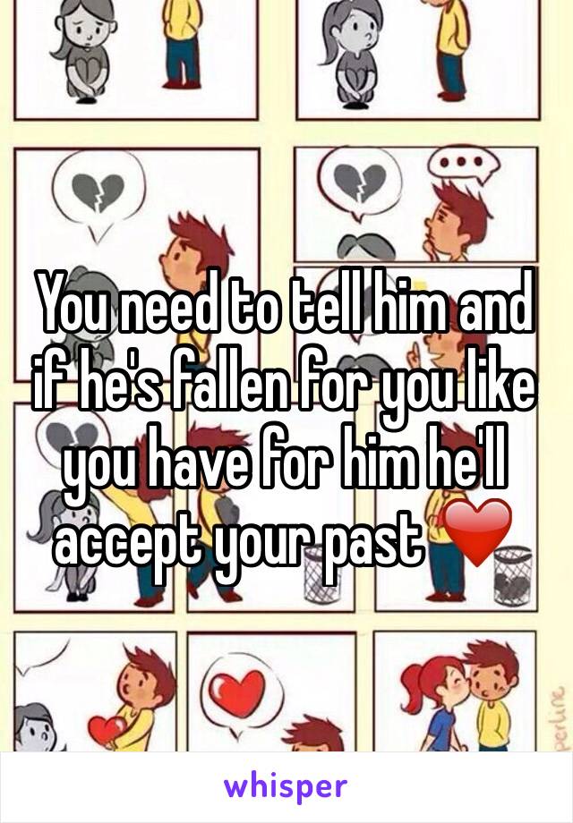 You need to tell him and if he's fallen for you like you have for him he'll accept your past ❤️