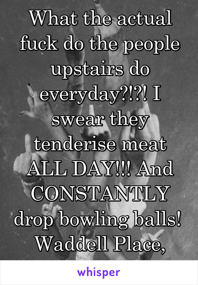 What the actual fuck do the people upstairs do everyday?!?! I swear they tenderise meat ALL DAY!!! And CONSTANTLY drop bowling balls! 
Waddell Place, Curtin ACT