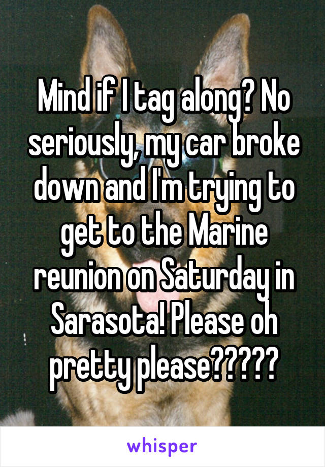 Mind if I tag along? No seriously, my car broke down and I'm trying to get to the Marine reunion on Saturday in Sarasota! Please oh pretty please?????