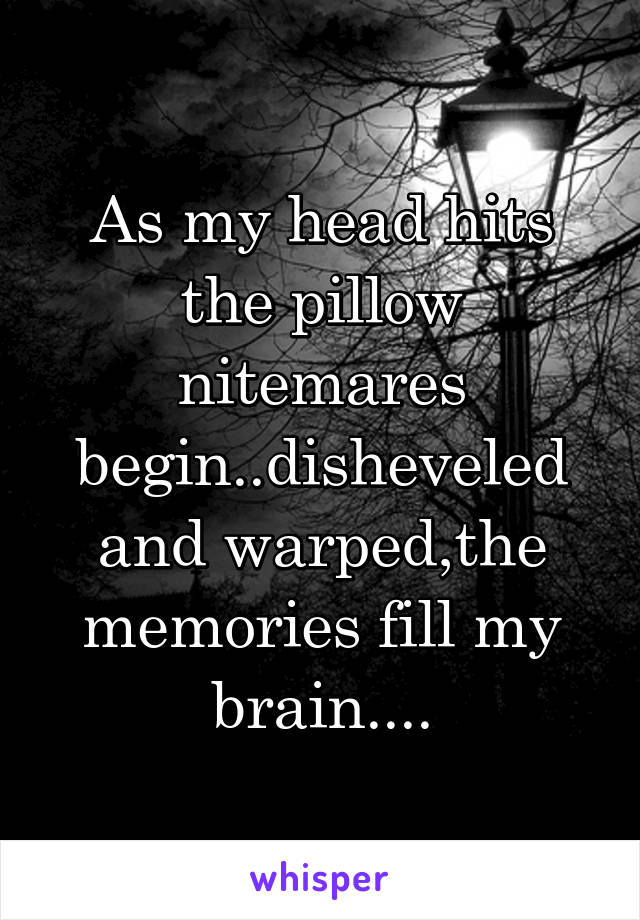 As my head hits the pillow nitemares begin..disheveled and warped,the memories fill my brain....