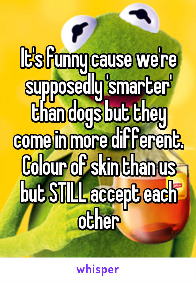 It's funny cause we're supposedly 'smarter' than dogs but they come in more different. Colour of skin than us but STILL accept each other