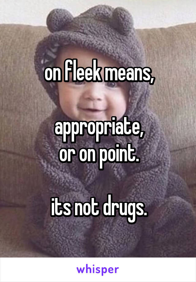 on fleek means,

appropriate,
or on point.

its not drugs.