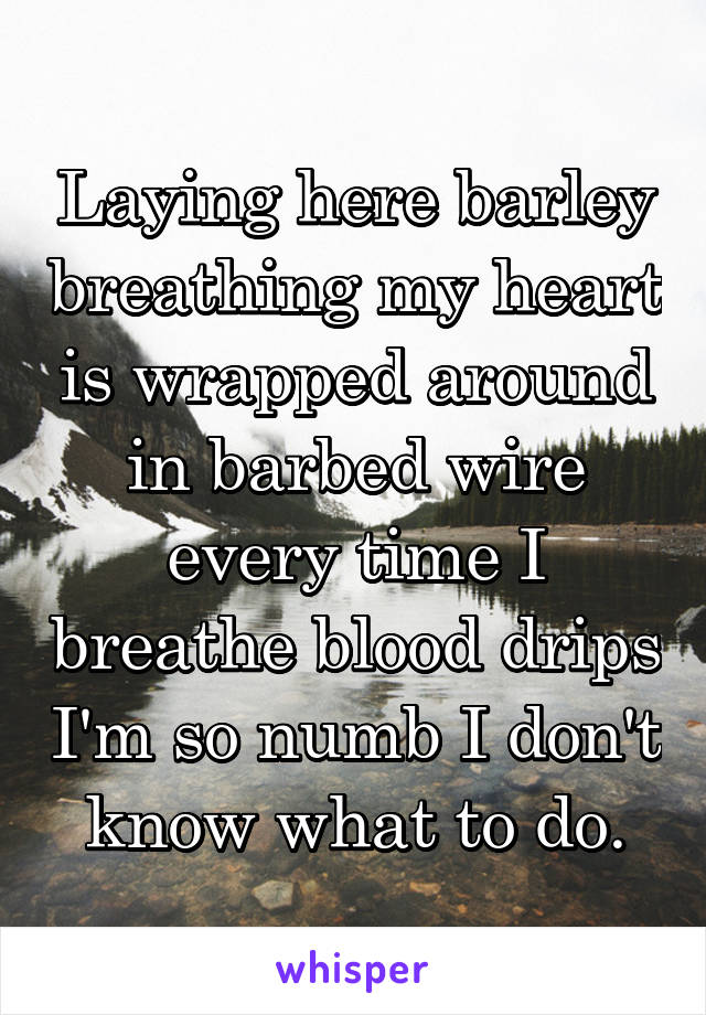 Laying here barley breathing my heart is wrapped around in barbed wire every time I breathe blood drips I'm so numb I don't know what to do.